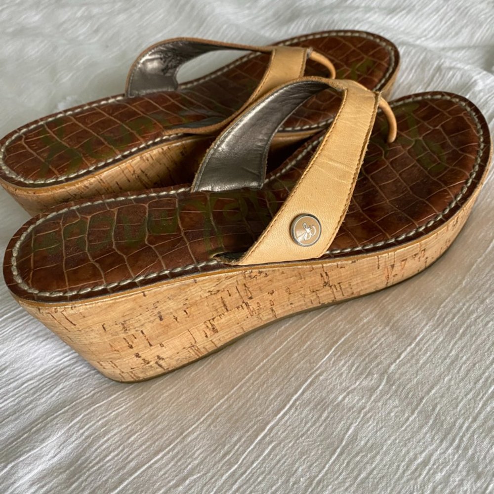 Sam Edelman Romy Cork and Leather Wedge/Platform Sandals